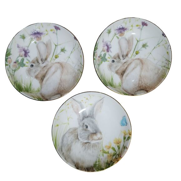 Williams-Sonoma Other - Williams Sonoma Set of 3 Cereal Bowls 5.5" Easter Bunny Meadow Gold Rimmed